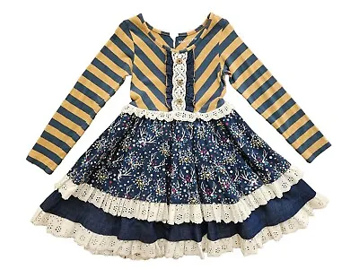 MUSTARD PIE Girls 5 Dress Blue Camel Mix Print • $24