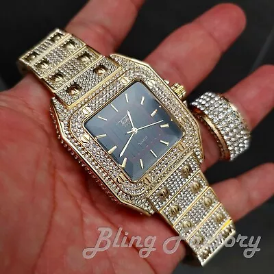 Mens Hip Hop Iced Gold Pt Lab Diamond Square Watch & Full Iced Ring Combo Set • $39.99