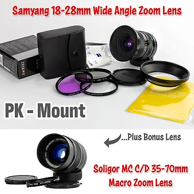 $99.95 • Buy Samyang 18-28mm F/4-4.5 Wide Zoom Lens ➕ Soligor MC C/D 35-70mm Macro - PK Mount