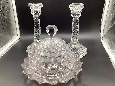 £4.99 • Buy Fostoria American Cube Glass Candlesticks & Butter Dish