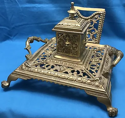 Vintage Brass Square Inkwell Stand Flip-Top Note Holder Paw Feet Figural Faces • $99