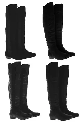 Womens Thigh High Boots Stretch Calf Flat Riding Boots Over Knee Black Boots • $31.57