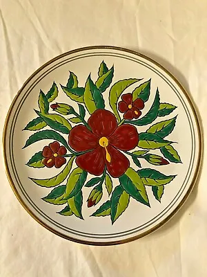 Hand Made Manousakis Keramik Rodos Greece 9 1/2  Round Enameled Flower Plate  • $9.95