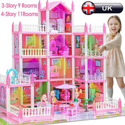 Kids 4 Storey 11Room Doll House With Furniture Accessories Mansion Playhouse Toy • £24.98