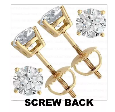 1Ct  14K Yellow Gold IP  Screw Back Round Brilliant Cut Solitaire Earrings Studs • $9.99