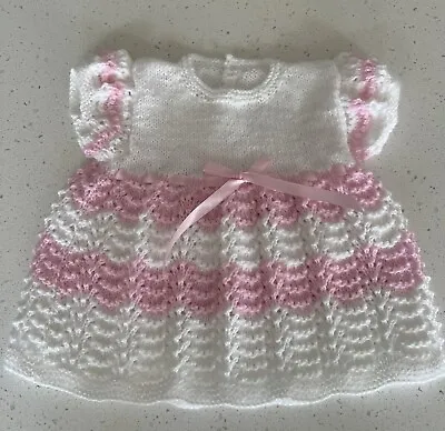 Hand Knitted Dress Age 0-3 Months Pink And White Striped With Pink Ribbon • £9