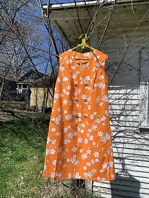 Vintage 1960s 1970s Orange Floral Print Romper Drop Waist Skort M L • $25