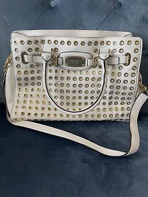 Michael Kors White Leather Gold Grommet HAMILTON Satchel Bag Purse Tote Rivet MK • $59.95