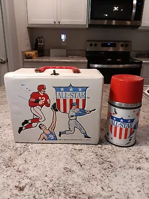 1960s All Star Football Vinyl Lunch Box & Thermos * Vintage * Lunchbox Kit RARE • $99.99
