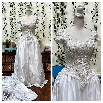 Vintage 90s Satin Beaded Wedding Gown White Ball Gown Cap Sleeves Train XXS • $300