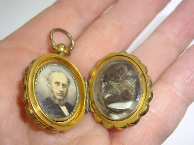 Antique Miniature Portrait Of Man Mourning Hair Gold Filled Locket Pendant • $350