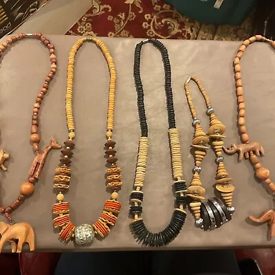 Vintage Hand Carved Wooden Necklaces African Safari Animal Bead Metal Lot Of 5 • $24