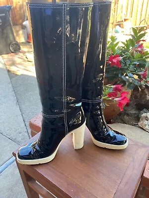 MIU MUI Black Patent Leather Platform Boots Sz 35  US Sz 5 • $59.88