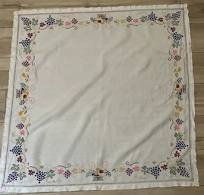 Vintage Petit Point  Embroidered  Linen Tablecloth Square Fruit Theme • $8.87