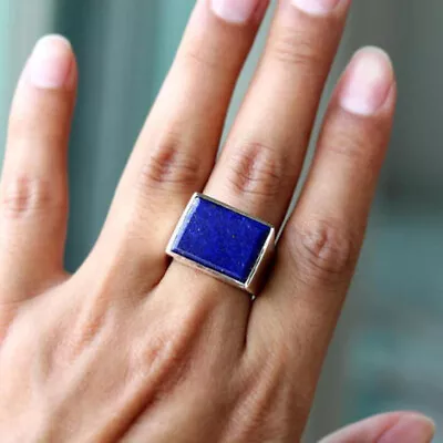 Solid 925 Sterling Silver Natural Flat Blue Lapis Lazuli Gemstone Men's Ring • $40.84