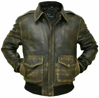 Aviator A-2 Real Cowhide Distressed Brown Leather Bomber Flight Vintage Jacket • $91.99