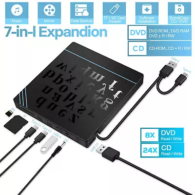 USB External CD RW DVD ROM Writer Burner Player Drive PC Laptop For Mac Windows • $35.99