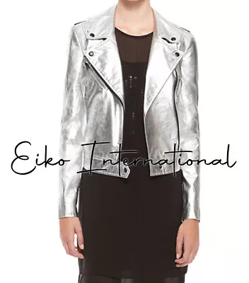 Women Metallic Silver Motorcycle Jacket Womens Real Leather Biker Jackets • $152.57