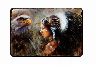 Indian Maiden And Blad Eagle Art All Metal Tin Sign  8 X 12 • $14.95