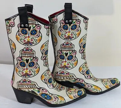 $39.95 • Buy Rain  Boots Cowgirl Sugar Skulls Dia De Meurtos Blazin Roxx Women's 6 Roxy White