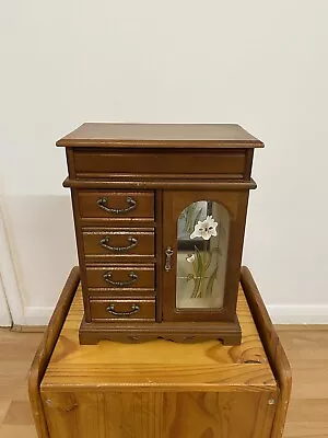 Vintage Mele Wooden Wardrobe Style Jewellery Box With Opening Stained Glass Door • £35