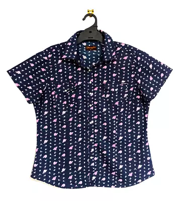 Wrangler Navy Floral Short Sleeved Shirt Ladies Size 14 Pearl Snap Buttons • $23