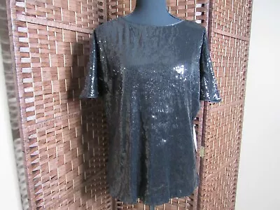 Women's Nation Design Top Black Sequin Blouse Shortsleeve Shirt 1X CLAX13 • $19.99