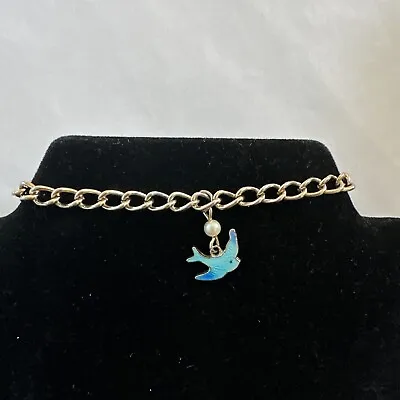 Vintage 1970’s Sarah Coventry Guilloche Bracelet W/ Blue Bird & Pearl Charm 6.5” • $30