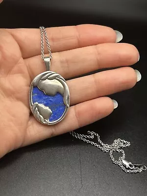 Sterling Silver .925 Signed Kabana Lapis Lazuli Two Sided Mother Child Necklace  • $47.99