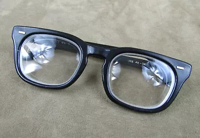 TIGHT! VINTAGE BLACK USS GI MILTARY Horn Rimmed Eye Glasses 50-20 Size 4.5-5.75 • $89.95