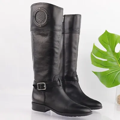 Vince Camuto Womens Phillie Riding Boot Size 7.5 Tall Black Leather Crest Logo • $67.84
