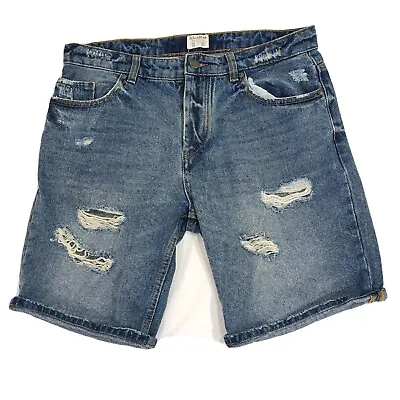 $22.95 • Buy Pull And Bear Men's Denim Shorts Size 32 W34 L9 Blue Distressed Torn Denim Jorts