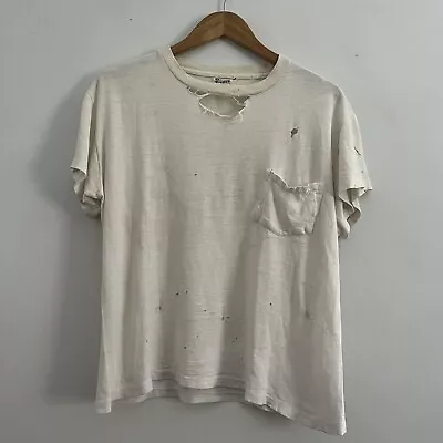 Vintage 50s Thrashed Distressed Worn Blank White Pocket T Shirt Medium USA • $249.95