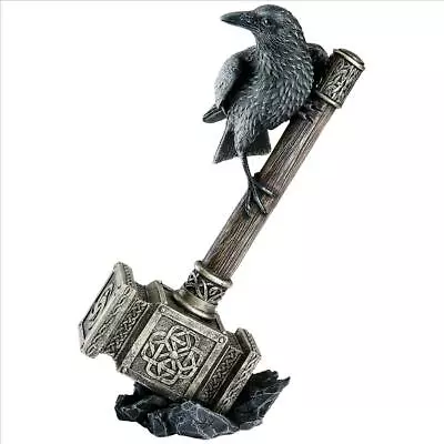 Norse God Of Thunder's Hammer Mjolnir With Raven Perched Spirit Guide Statue • $52.82