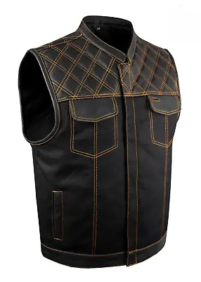 Men's Denim Leather Motorbike  Orange Thread Diamond Stitching Vest • $150