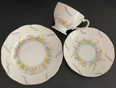 Salisbury Crown China Hand Painted Blush Pink Floral Tea Trio England C1920s • $45