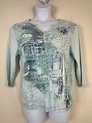 Nicole Miller Womens Plus Size 1X Blue Henley Shirt  Venezia  3/4 Sleeve • $12.58