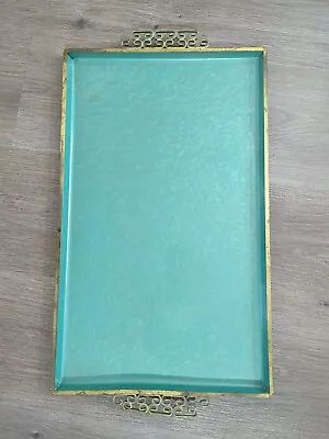 Mid-Century Moire Glaze Kyes Serving Tray Teal Gold MCM Art CA 15.5 X9.5   • $30