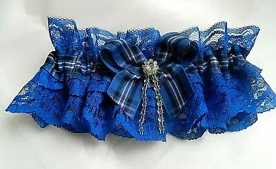 Scottish Rangers Tartan Ribbon Royal Blue Lace &  Diamante Trim Wedding Garter • £15.99