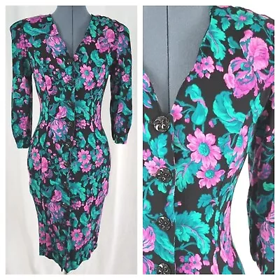 Vintage Black Fitted Dress W Purple & Green Florals & Button Down Front Sz 9/10 • $24.99