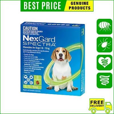 NEXGARD SPECTRA 7.6 To 15 Kg GREEN Heartworm Flea Control 6 Chews For Dogs • $93.98