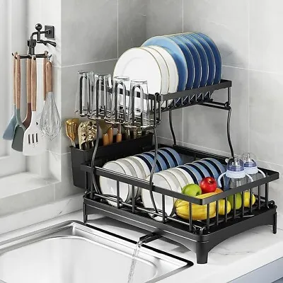 2-Tier Over Sink Dish Drying Rack Stainless Steel Kitchen Holder Cutlery Drainer • $27.99