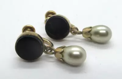 Vintage Van Dell Dangle Pearl Black Onyx Gold Fill Screw Back Earrings • $17.50