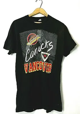 VINTAGE 1990 Shirt Vancouver Canucks Mens M Black Skate Graphic Single Stitch • $19.43