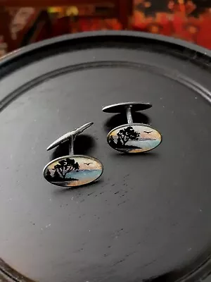 ANTIQUE Enameled Handpainted Cufflinks 925 Sterling Beach NILS ERIK ELVIK Norway • $65