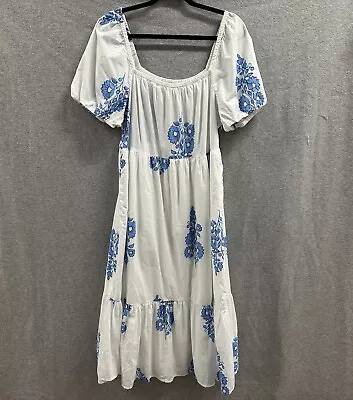 J.Crew Dress Womens 14 White Blue Poplin Midi Cotton Puff Sleeve Tiered Floral  • $45