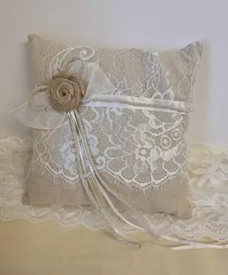 Rustic Burlap Ivory Lace Wedding Ring Pillow Cushion Ring Bearer Pillow 21x21CM • £15.99