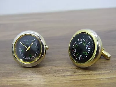 Vintage Men's Novelty Gold Tone Analogue Watch Face + Compass Cufflinks Pair • £5.99