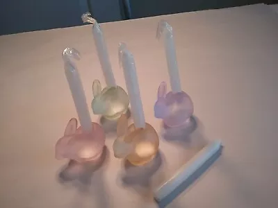 Set Of 4 Pastel Satin Glass Bunnys W/5 Candles Small Taper Candle Holders  • $13