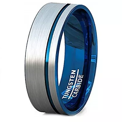  Mens Tungsten Ring Blue Groove Flat Edge White Brushed Thin Side Wedding Band • $159.92